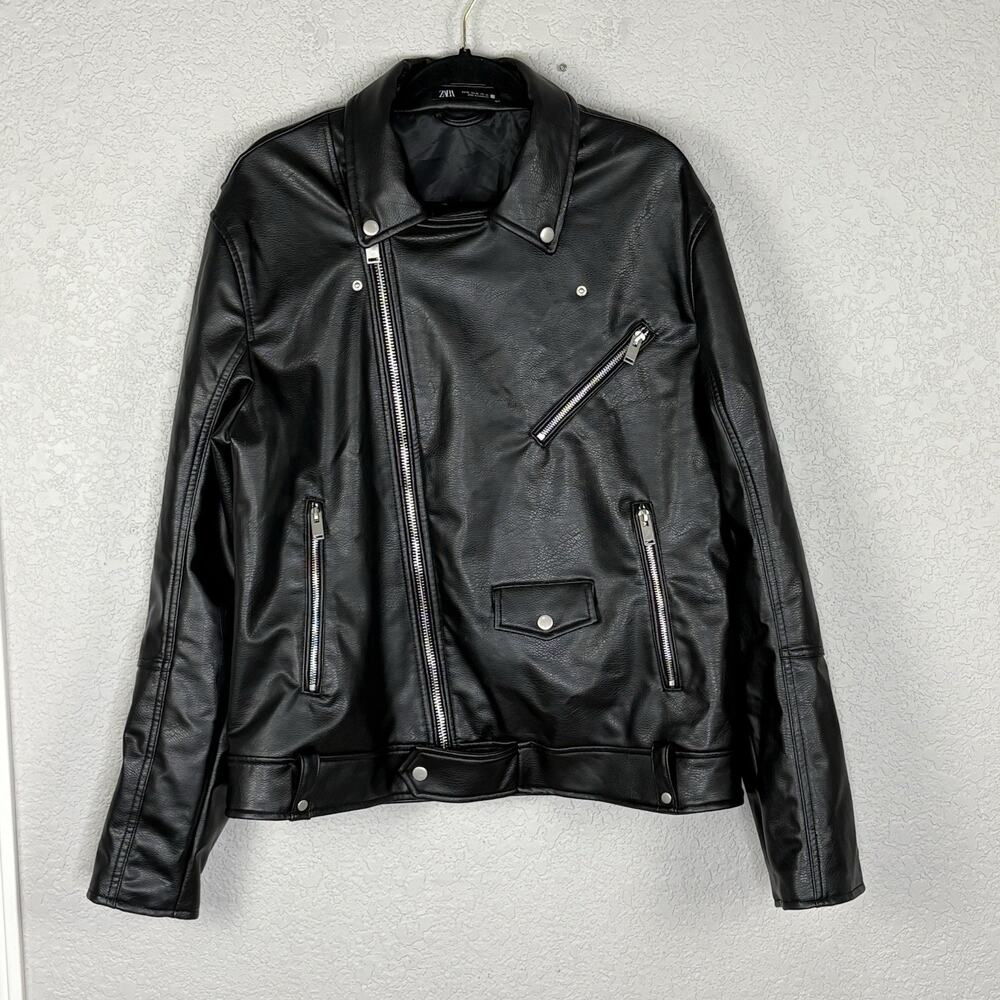 ZARA MAN FAUX LEATHER BIKER JACKET Size Full Zip Motorcycle Black Size XL